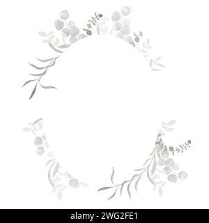 Trendiges graues und staubgrünes Aquarellbanner mit Eukalyptusrahmen. Frühling und Winter Oval botanische Grenze Illustration für Hochzeit, Grußkarte Stockfoto