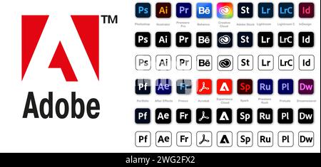 Adobe-Produkt. Logotypsatz von Adobe-Produkten: adobe, Illustrator, Photoshop, Creative Cloud, After Effects Stock Vektor