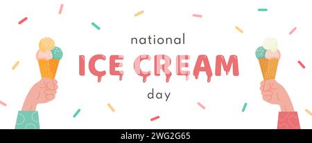 Horizontales Banner zum Happy National Ice Cream Day. Ein Waffelkegel mit verschiedenen Obsteislöffeln. Eis oder Sorbet in der Hand. Quadratisches Vektorbanner in f Stock Vektor