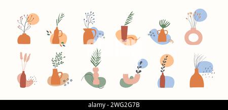 Set aus Tonvasen mit vergossenen Trockenpflanzen, Blättern, Zweigen und abstrakter geometrischer Form. Trendiges Boho-Designelement. Herbstsaison Natur minimale Wand A Stock Vektor