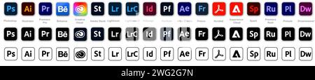 Adobe-Produkt. Logotypsatz von Adobe-Produkten: adobe, Illustrator, Photoshop, Creative Cloud, After Effects Stock Vektor