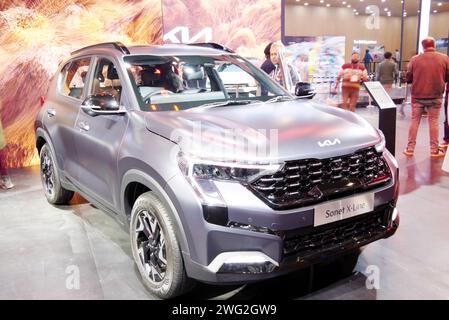 New Delhi - 1. Februar 2024: Kia Motors SONET X-Line wird auf der Bharat Mobility Global Expo 2024 in New Delhi in Indien gezeigt. Stockfoto