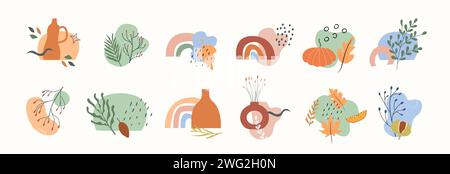 Set aus Tonvasen mit Topfpflanzen, Blättern, Zweigen mit Beeren und abstrakter geometrischer Form. Herbststimmung trendiges Boho-Designelement. Herbstsee Stock Vektor