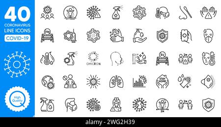 Coronavirus COVID-Liniensymbole gesetzt. Coronavirus-Schutz, Pneumonie-Virus und Omicron covid-Test. Vektor Stock Vektor