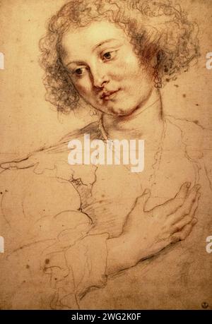 Peter Paul Rubens Zeichnung, „Junge Frau blickt nach unten“ (Studie für den Kopf der Heiligen Apollonia), 1628. Schwarze und rote Kreide. Frauenporträt aus dem 17. Jahrhundert. Stockfoto