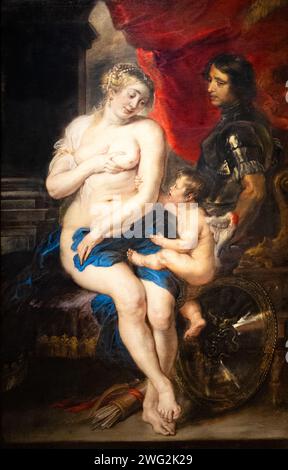 Peter Paul Rubens Gemälde, Venus Mars und Cupid 1635, Geschichtsgemälde einer mythologischen Szene aus dem 17. Jahrhundert, Dulwich Picture Gallery, London. Stockfoto