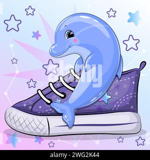 Ein süßer Zeichentrick-Delfin mit Sneaker. Vektorillustration eines Tieres auf einem bunten Hintergrund mit Sternen. Stock Vektor