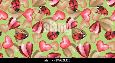 Marienkäfer und rote Herzen. Handgezeichnete Illustration mit Aquarell. Nahtloses Muster. valentinstag-Konzept. Für Textil, Stoff, Tapeten, Web, Packag Stockfoto