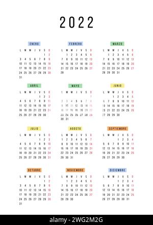 Spanischer Kalender 2022 Jahr. Vektor-Schreibwaren Kalenderwoche beginnt Montag. Jährlicher Organisator. Einfache Kalendervorlage in minimalem Design. Geschäftsbeleuchtung Stock Vektor