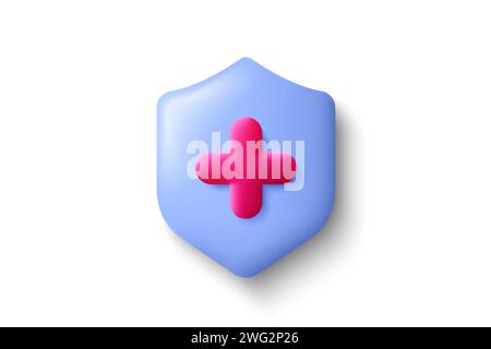 Health Care 3D Shield Symbol. Krankenversicherungskonzept. Sichere Apotheke, Notfallversorgung. Vektor Stock Vektor