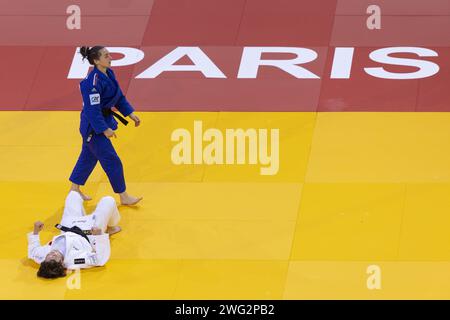 MOKDAR FAIZA (FRA) (PARIS SAINT GERMAIN JUDO 75) gewann die Goldmedaille gegen DEGUCHI Christa (CAN) in der Kategorie 57 kg Frauen während des Paris Grand Slam 2024, IJF Judo, 50-jähriges Jubiläum, am 2. Februar 2024 in der Accor Arena in Paris, Frankreich Stockfoto