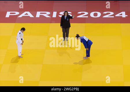 MOKDAR FAIZA (FRA) (PARIS SAINT GERMAIN JUDO 75) gewann die Goldmedaille gegen DEGUCHI Christa (CAN) in der Kategorie 57 kg Frauen während des Paris Grand Slam 2024, IJF Judo, 50-jähriges Jubiläum, am 2. Februar 2024 in der Accor Arena in Paris, Frankreich Stockfoto