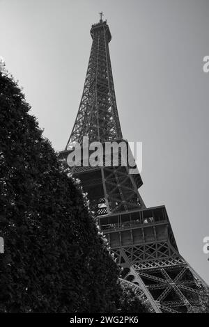 Schwarzweiß-Foto mit dem legendären Eiffelturm Stockfoto