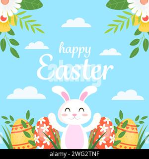 Glückliche ostern Illustration im flachen Design Stil Vektor mit einem Kaninchen und Eiern Stock Vektor