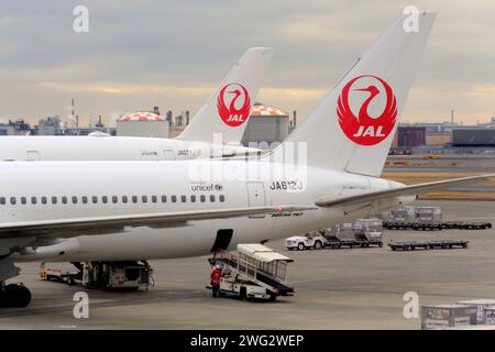 Tokio, Japan. Februar 2024. JAL Aircraft wartet auf der Landebahn auf Passagiere am Terminal 1 des Internationalen Flughafens Tokio Haneda. (Foto: James Matsumoto/SOPA Images/SIPA USA) Credit: SIPA USA/Alamy Live News Stockfoto