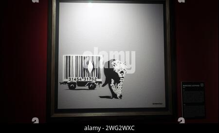 Stockholm, Schweden, 29. Dezember 2023. Kunstausstellung. Das Geheimnis von Banksy, Ein genialer Verstand. Leopard. Stockfoto