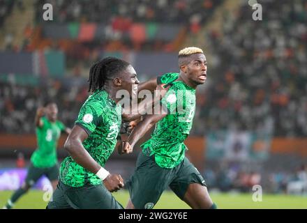 2. Februar 2024: Victor James Osimhen (Nigeria) feiert während eines Viertelfinalspiels des African Cup of Nations, Nigeria gegen Angola, im Stade Felix Houphouet-Boigny, Abidjan, Elfenbeinküste. Kim Preis/CSM Stockfoto