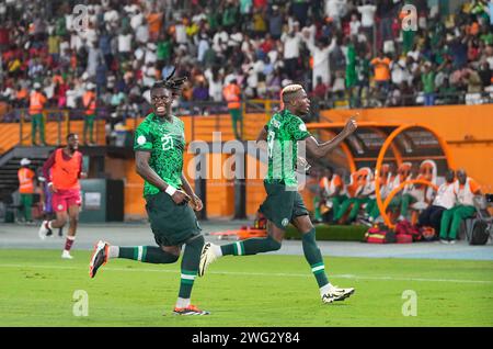 2. Februar 2024: Victor James Osimhen (Nigeria) feiert während eines Viertelfinalspiels des African Cup of Nations, Nigeria gegen Angola, im Stade Felix Houphouet-Boigny, Abidjan, Elfenbeinküste. Kim Preis/CSM Stockfoto