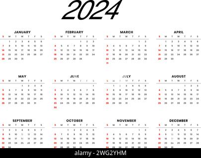 Kalender 2024 Vektorgrafik isoliert auf weißem Hintergrund Stock Vektor