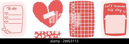 Sammlung von Memo-Stickern zum Valentinstag. Journalplanung liebt Stickerbögen. Zu tun, Broken Hearn, Erinnerung Stock Vektor