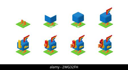 Schritt-für-Schritt-Konstruktion eines Hahns aus Kunststoffblöcken in der Isometrie. Vektor Stock Vektor