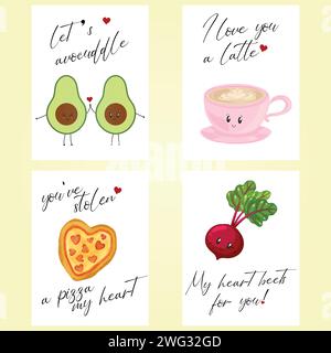 Satz Valentinskarten mit Zitaten im Retro-Zeichentrickstil. Valentinstag-Pun-Karten. Liebe Vektor-Illustration für Gefälligkeitsanhänger, Postkarten, Gruß. Stock Vektor