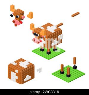 Konzept mit brauner Kuh aus Kunststoffziegeln. Vektor Stock Vektor