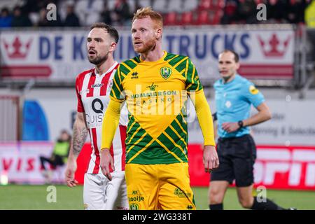 Oss, Niederlande. Februar 2024. OSS, NIEDERLANDE - 2. FEBRUAR: Jort van der Sande von ADO den Haag trifft beim niederländischen Keuken Kampioen Divisie Spiel zwischen TOP Oss und ADO den Haag am 2. Februar 2024 im Frans Heesen Stadion in Oss, Niederlande. (Foto von Gabriel Calvino Alonso/Orange Pictures) Credit: Orange Pics BV/Alamy Live News Stockfoto