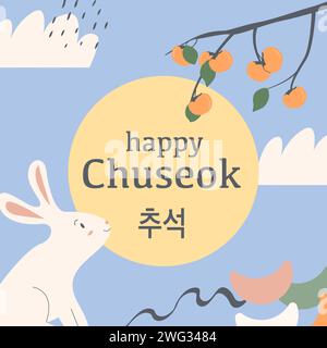 Quadratisches Banner mit Häschen, das den Vollmond am Nachthimmel betrachtet. Glückwunschkarte Happy Chuseok mit abstrakten Formen, persimmonem Baumzweig und Reiskuchen. Stock Vektor