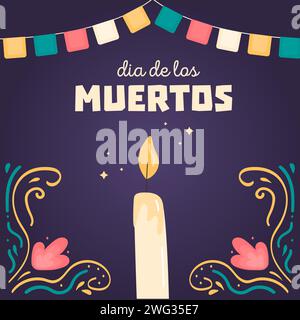 Dia de los muertos. Quadratische Karte mit Altarkerze. Banner mit Designelementen, farbenfrohem Blumenschmuck und Flaggengirlande. Mexikanische Nationalmannschaft Stock Vektor