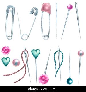 Handgezeichnete Aquarellzeichnung von Nadeln und Gewinden, verschiedene Nähstifte Kugelspitze, flacher Kunststoffkopf und Sicherheitsnadel. Design für Ausdrucke Stockfoto
