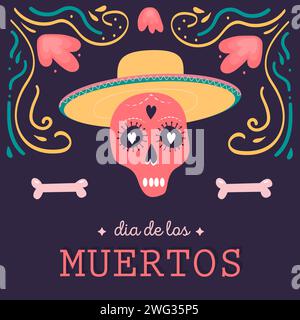 Dekorative quadratische Karte mit Calavera Catrina Schädel mit Sombrero. Mexikanischer Nationalfeiertag der Toten. Festliche Vorlage für Dia de los muertos de Stock Vektor