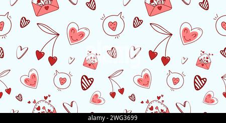 Nahtloses Muster zum Valentinstag mit Love Elements auf weißem Hintergrund. Vektor Herz Doodle Thema Set, Romantik für Karten, Banner, Flyer, Invi Stock Vektor