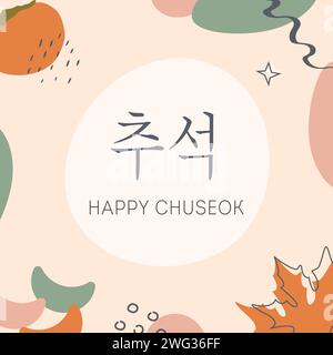 Grußkarte Happy Chuseok, Hangawi. Koreanischer Titel. Thanksgiving-Tag in Korea. Abstraktes modernes quadratisches Banner mit persimmonischen Früchten, Songpyeon Reis ca. Stock Vektor