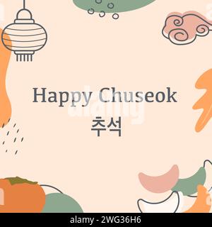 Grußkarte Happy Chuseok. Koreanische Textübersetzung - Thanksgiving Day in Korea. Abstraktes modernes quadratisches Banner mit persimmonischen Früchten, Songpyeon, Au Stock Vektor