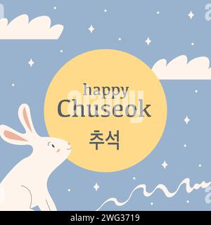 Grußkarte Happy Chuseok. Koreanischer Titel. Thanksgiving-Tag in Korea. Quadratisches Banner mit süßem Häschen, der den Vollmond am Nachthimmel betrachtet. Vektorillust Stock Vektor