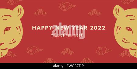 Chinesisches Neujahr 2022, Jahr des Tigers. Chinesisches Sternzeichen. Happy Chinese New Year horizontales Banner mit traditionellem Ornament und orientalischem Hintergrund Stock Vektor