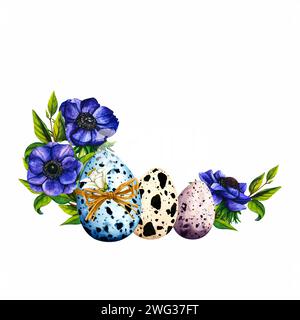Happy Easter Aquarellkarten mit süßen Ostereiern, Frühlingsblumen violette Anemone in Pastellfarben. Isolierte Ostern Aquarellvektor-Illustration Stock Vektor