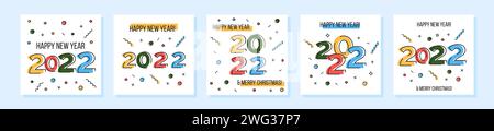 Frohes Neues Jahr 2022. Sammlung von Grußkarten in flacher abstrakter Form mit Zahlen. Weihnachtsfeier mit Konfetti-Plakaten in sozialen Medien. Stock Vektor