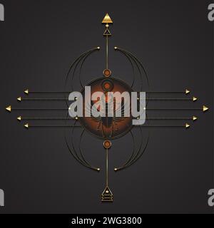 Ägyptischer heiliger Scarab Hirschkäfer Hörner mit Flügeln. Goldene heilige Geometrie, mistysches Vektorinsekt isoliert auf schwarzem Hintergrund. Symbol Stock Vektor