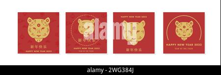 Set aus Grußkarte oder quadratischem Poster für das chinesische Neujahr 2022. Postvorlagen für das Jahr des Tigers in sozialen Medien. Sammlung von Bannern mit Sternzeichen Stock Vektor