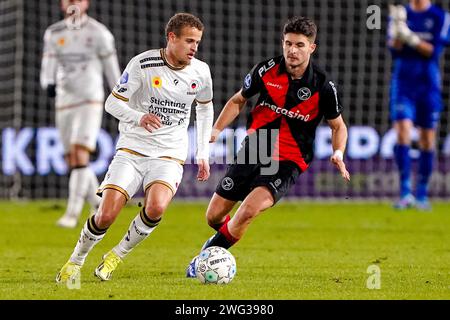 Almere, Niederlande. Februar 2024. ALMERE, NIEDERLANDE - 2. FEBRUAR: Kenzo Goudmijn von Excelsior Rotterdam kämpft im Eredivisie-Spiel zwischen Almere City FC und Excelsior Rotterdam am 2. Februar 2024 im Yanmar Stadion in Almere, Niederlande. (Foto von Andre Weening/Orange Pictures) Credit: dpa/Alamy Live News Stockfoto