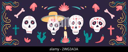 Vektorsatz von Mexiko-Elementen und -Symbolen in flachem handgezeichnetem Stil isoliert auf dunklem Hintergrund. Dia de los muertos. Horizontales Banner mit Zuckerschädel Stock Vektor