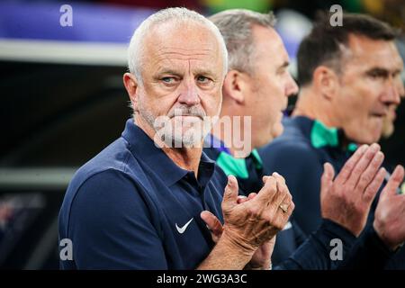 Doha, Katar, 2. Februar 2024, AFC Asian Cup Katar 2023 Quater Final: Australien 1-2 Südkorea, Son Heung-min, Hwang Hee-chan retten den Tag, um Korea ins Halbfinale zu bringen. Bild: Cheftrainer von Australien, Graham Arnold. Stockfoto