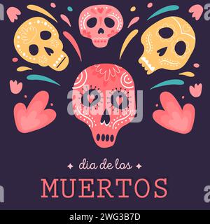 Tag des toten mexikanischen Feiertags quadratische Karte Vektor flache Stil Illustration. Zuckerschädel mit festlichen Blumen und Ornamenten für Dia de los Muertos. Stock Vektor