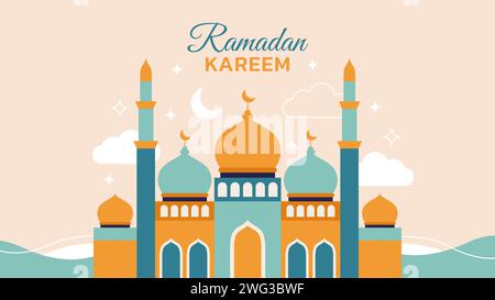 Ramadan kareem Moschee mit Mond, Sternen und Wolken in flachem, modernem Stil. Islamische Bannervorlage. Vektorabbildung Stock Vektor