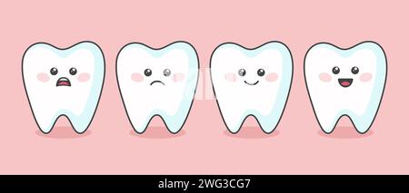 Flat Cartoon Vektor Zahn Set mit verschiedenen Emotionen und Gesichtsausdrücken. Glückliche, Traurige, Lächelnde Zähne. Zahnärztliche Inspektionsbanner. Zahncharakter Stock Vektor