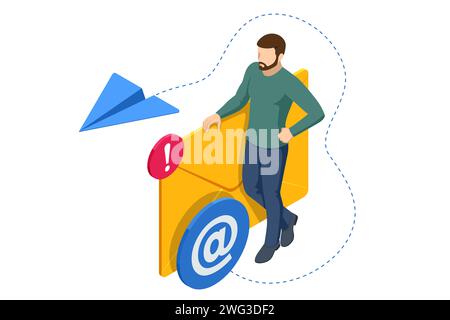 Isometrische E-Mails, geschäftliche E-Mail-Kommunikation und digitales Marketing, elektronische Nachrichtenwarnung Stock Vektor