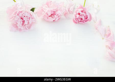 Rosafarbene Pfingstrosen Blumen, mit Sorgfalt angeordnet, natürlicher Charme zur Komposition auf einem sauberen weißen Tisch. Draufsicht mit Kopierbereich. Leerer Platz für Ihren Text. Stockfoto