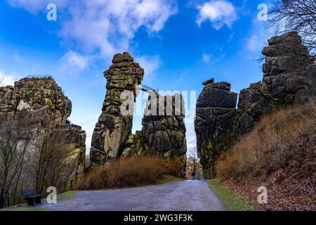 Die Externsteine, eine Sandstein Felsformtation, im Teutoburger Wald, bei Horn-Bad Meinberg, Kreis Lippe, NRW, Deutschland, Externsteine *** die Externsteine, eine Sandsteinformation, im Teutoburger Wald, bei Horn Bad Meinberg, Bezirk Lippe, NRW, Deutschland, Externsteine Stockfoto